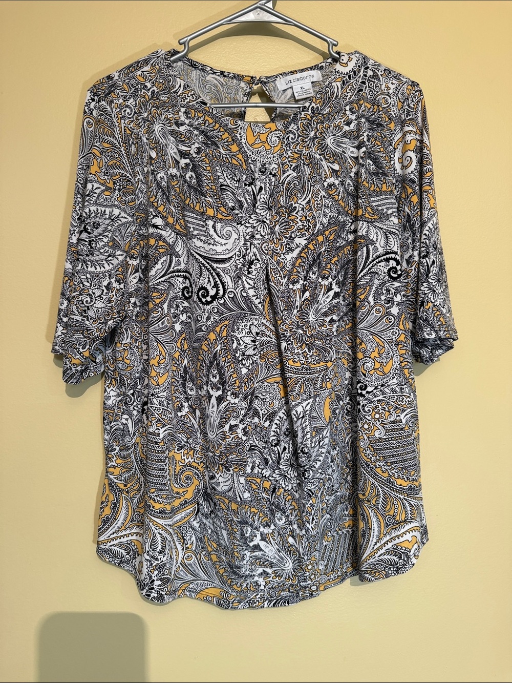 Liz Claiborne Black White Yellow Paisley Keyhole Blouse